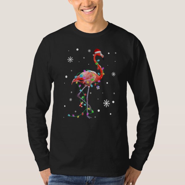 Santa Flamingo Träd Light Pajama Matching Christma T Shirt (Framsida)