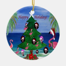 Santa flamingos familj strand julgransprydnad keramik