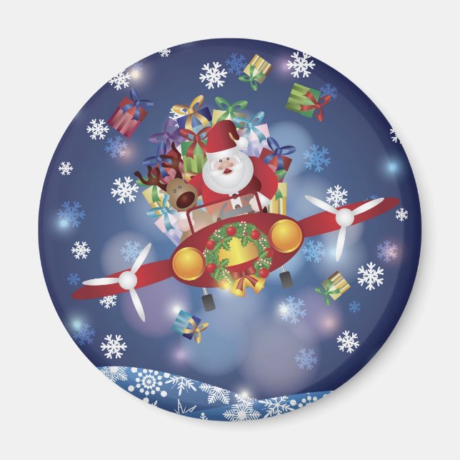 Santa Flies Vintage Flygplan Magnet (Framsidan)