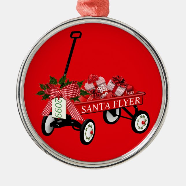 Santa Flyer Leksak Red Wagon med jul i år Julgransprydnad Metall (Framsidan)