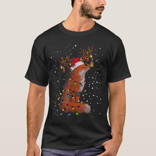 Santa Fox Tangled Up In Christmas Tree Lights Foxe T Shirt (Framsida)