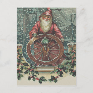 Santa Frakt Boat Snö Storm Holly Helg Vykort
