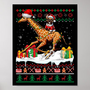Santa Fransk Bulldog Riding Giraffe jul Swea Poster