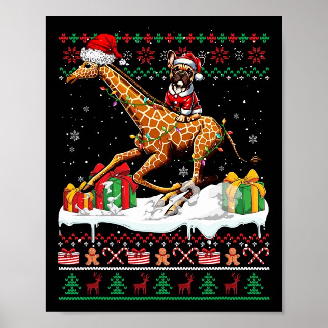 Santa Fransk Bulldog Riding Giraffe jul Swea Poster (Framsidan)