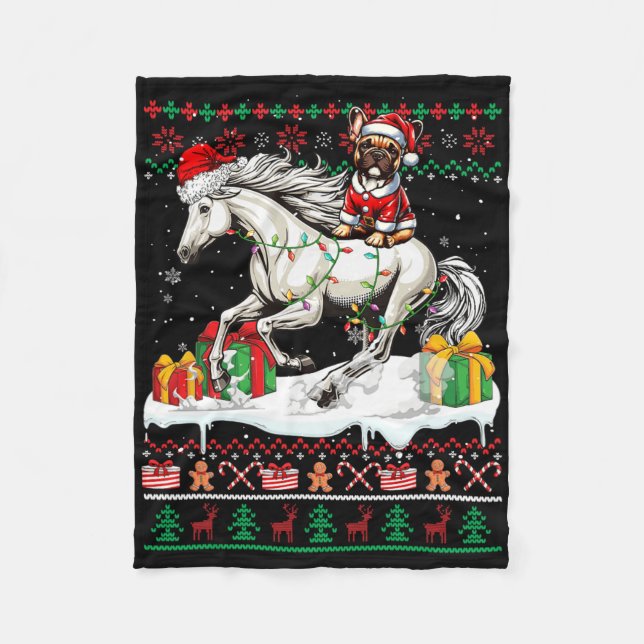 Santa Fransk Bulldog Riding Horse Jul Sweate Fleecefilt (Framsidan)