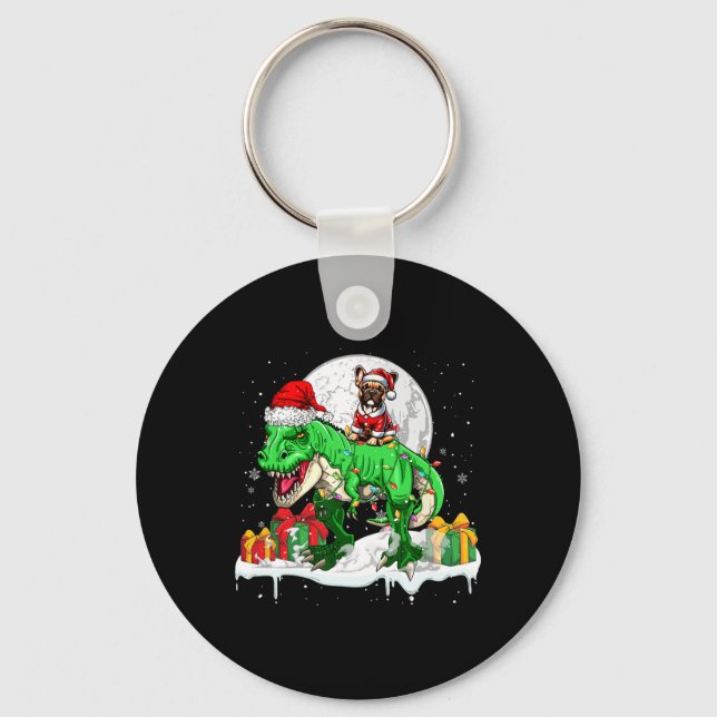 Santa Fransk Bulldog Riding T-rex julägare Nyckelring (Framsida)