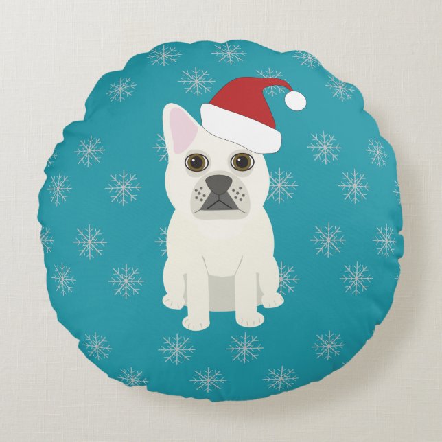 Santa Frenchie, Blå snöflingor Rund Kudde (Framsidan)
