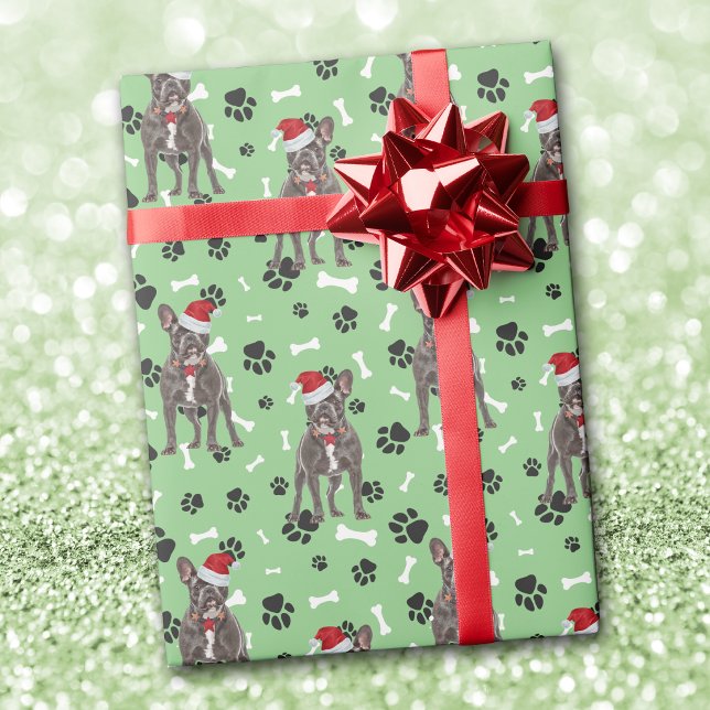 Santa Frenchie tassmönster på grönt Presentpapper (Skapare uppladdad)