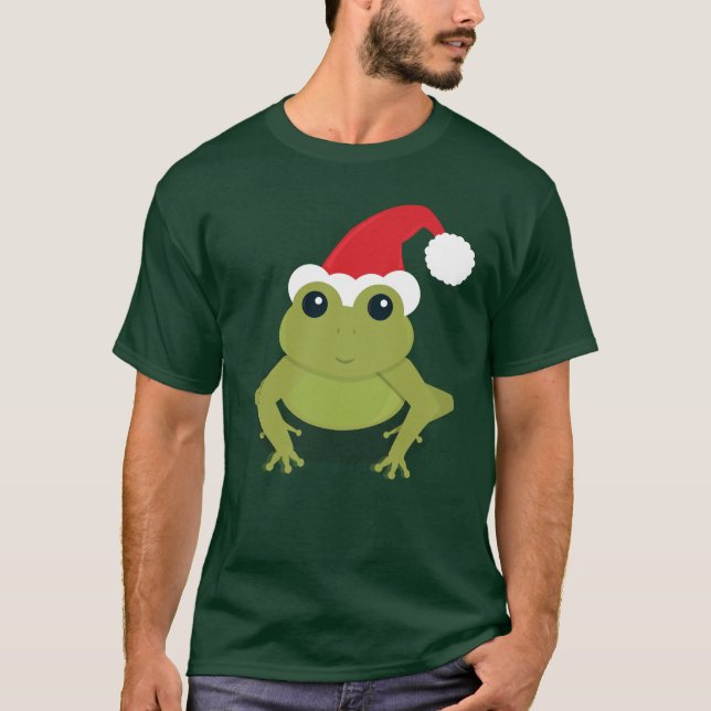 Santa Frog Grönt jul T Shirt (Framsida)