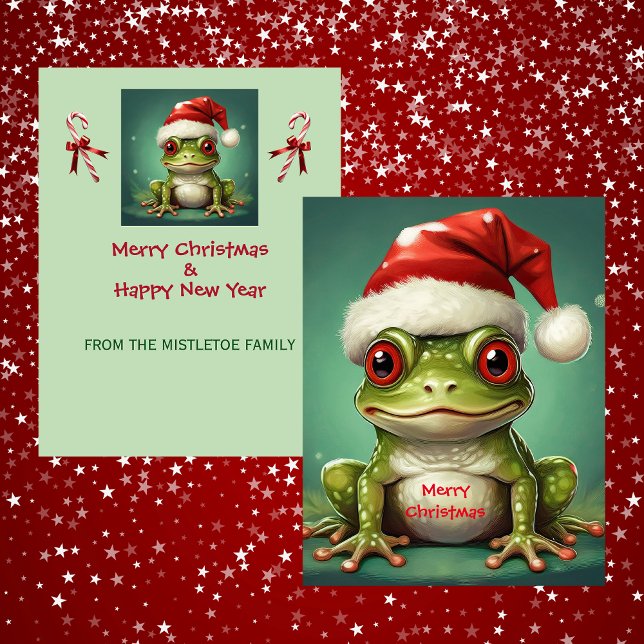 Santa Frog | Whimsisk grön amfibie jul Julkort (Father Christmas Santa hat frog Holiday Card)