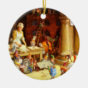 Santa & Fru Claus & älvorna bakar kakor Julgransprydnad Keramik