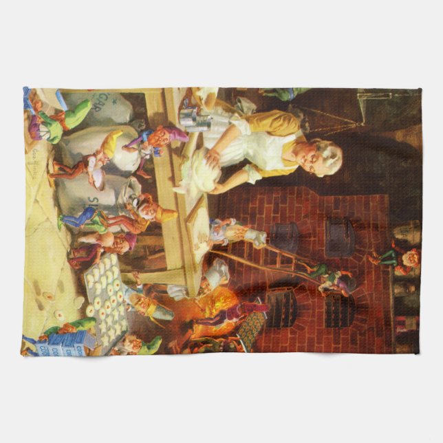 Santa & Fru Claus & älvorna bakar kakor Kökshandduk (Horisontell)