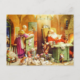 Santa & Fru Claus & älvorna kontrollerar hans Helg Vykort