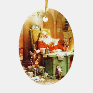 Santa & Fru Claus & älvorna kontrollerar hans Julgransprydnad Keramik