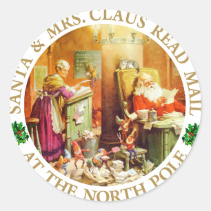 Santa & Fru Claus Läsa postar på nordpolenen Runt Klistermärke