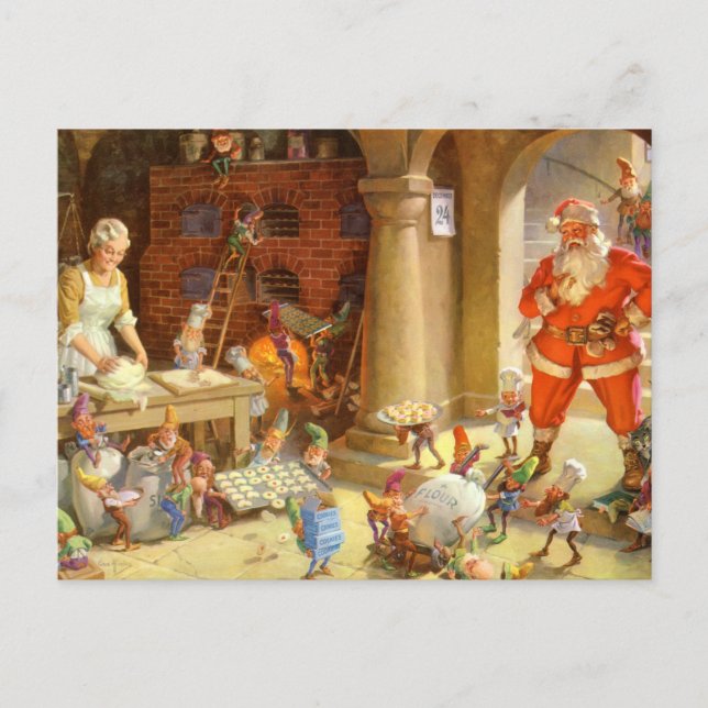 Santa, fru Claus och Elves Bake-julkakor Helg Vykort (Framsida)