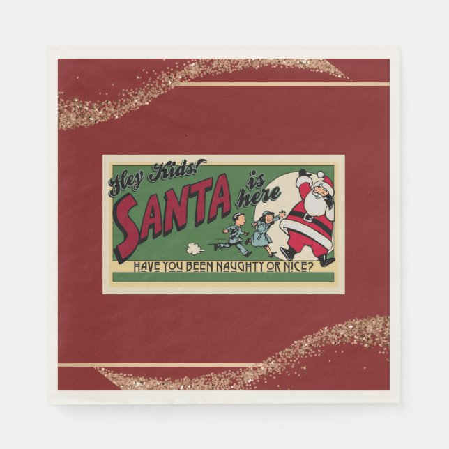Santa Funny Retro Glitter Red Naughty/Nice Papper Pappersservett (Framsidan)