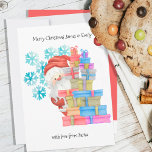 Santa Gifts och Snöflingor Cute Personlig Kids Julkort<br><div class="desc">Personlig julkort, för barn ... från tomten (redigerbart). Utformningen ger en söt illustration av tomten som söker sig ut från en stapel av presentförpackat presenter och dekorerat med snöflingor. Mallen är inställd så att du kan anpassa hela ordalydelsen till kostym. Den är skriven med vismisk typografi och lyder för närvarande...</div>