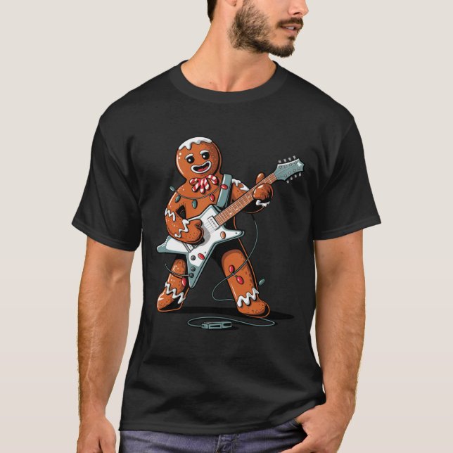 Santa Gingerbread Playing Guitar Funny Christmas P T Shirt (Framsida)
