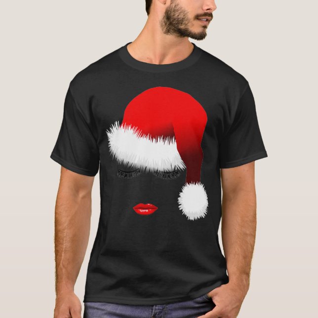 Santa Girl Eyelash Läppar Santa Hat jul  T Shirt (Framsida)