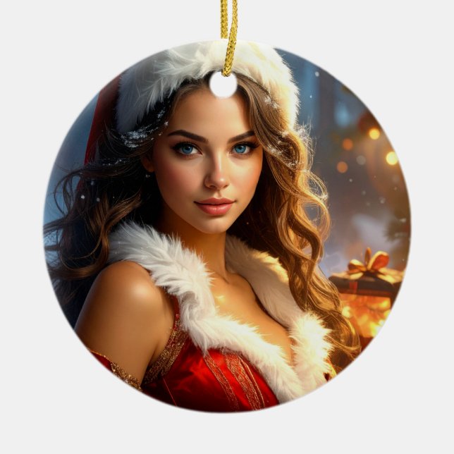 Santa Girl i julrevery Julgransprydnad Keramik (Framsidan)