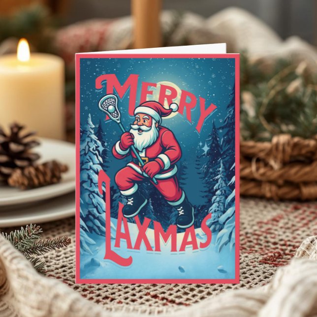 Santa Glad Laxmas Lacrosse Jul Foto Kort (Festive “Merry Laxmas” holiday greeting card with Santa playing lacrosse in a winter forest)