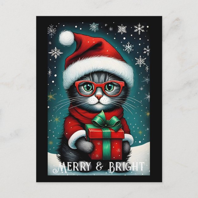 Santa Glass Cute Kattunge Gift Snowy jul Vykort (Framsida)