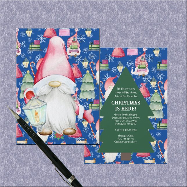 Santa Gnome för Helgdagar jul Mönster Blue Inbjudningar (Santa Gnome for Holidays Christmas Pattern Blue Invitation)