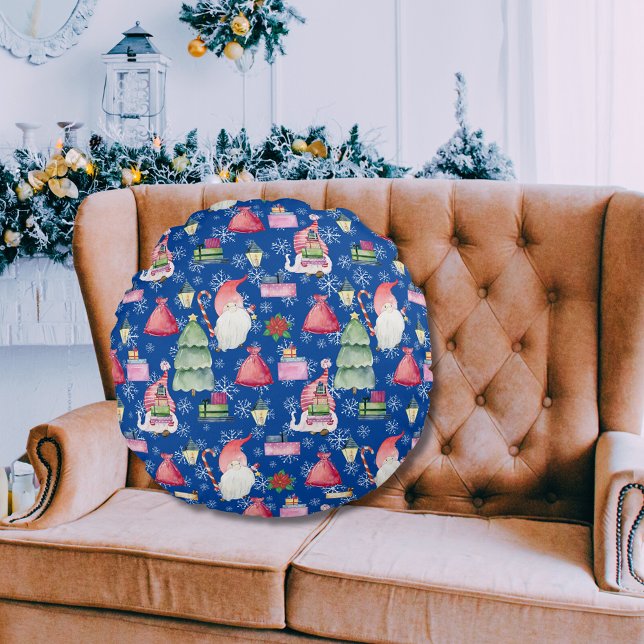 Santa Gnome för Helgdagar Mönster Blue Background Rund Kudde (Santa Gnome for Holidays Pattern Blue Background Round Pillow)
