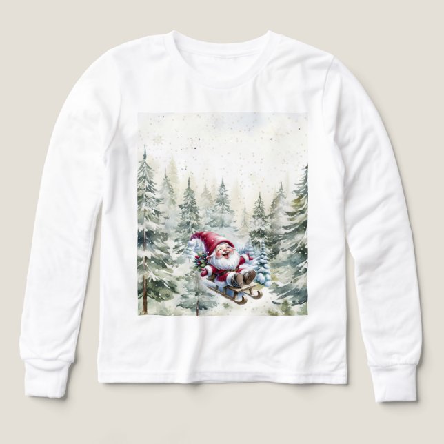Santa Gnome Sledding Through The Woods LS T-Shirt (Design framsida)