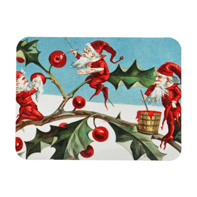Santa gnomes painting holly berries magnet (Horisontell)