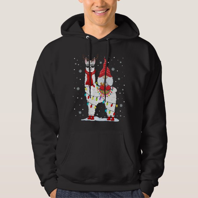Santa Gnomes Riding Llama Reindeer Julljus Hoodie (Framsida)
