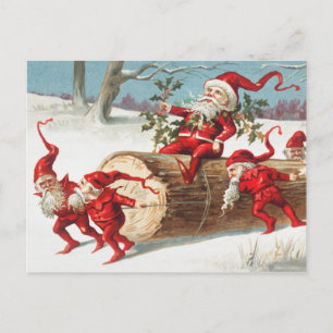 Santa gnomes som glider på en logg vykort