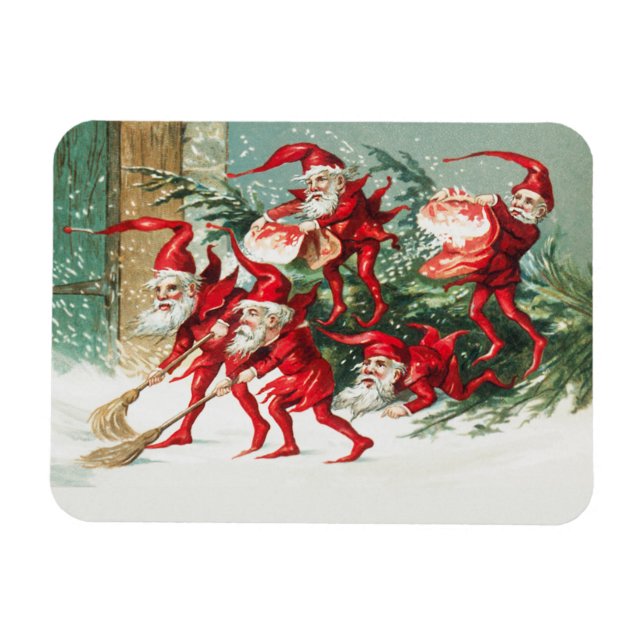 Santa gnomes sweeping snow magnet (Horisontell)
