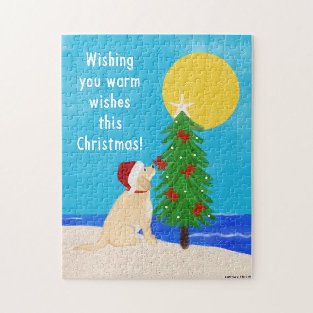 Santa Golden Hund Julgran på Beach Puzzle Pussel (Vertikal)
