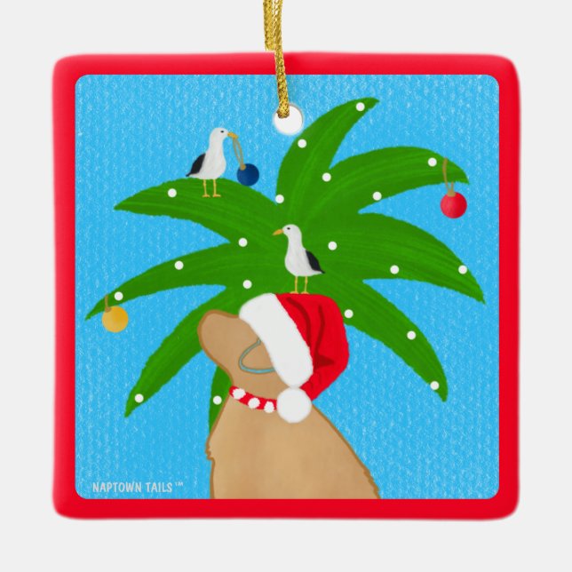 Santa Golden Hund Trimming jul Handflatan Träd Julgransprydnad Keramik (Framsida)