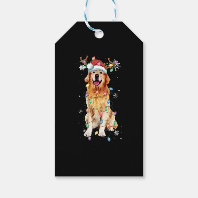 Santa Golden Retriev jul Ljus Träd Presentetikett (Framsidan)