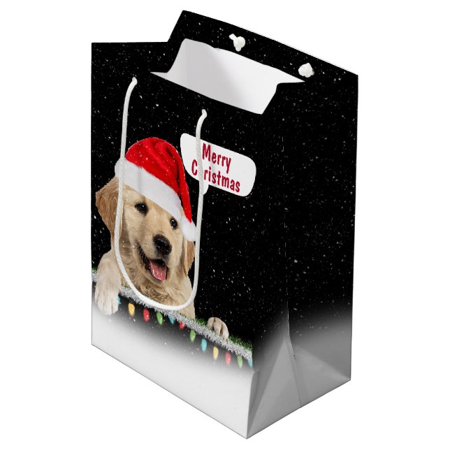 Santa Golden Retriever i Snöflingor Medium Gift B (Framsidan Vinklad)