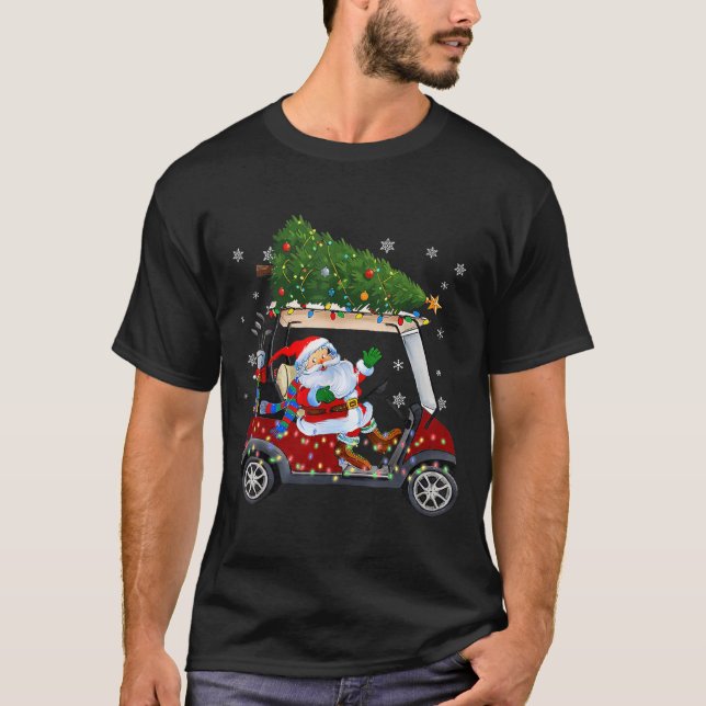 Santa Golf Cart Christmas Tree Lights Xmas Golfer  T Shirt (Framsida)