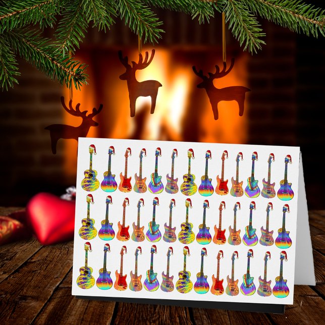 Santa Guitars Colorful Roligt Festive Mönster Hälsningskort (Christmas guitar pattern music themed fun holiday card)