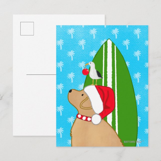 Santa Guld Surfbräda Hund Måse Julkort Vykort (Fram/baksida)