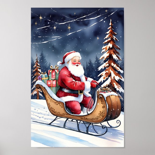 Santa & Hans Snowy Sleigh Classic Art Poster (Framsidan)