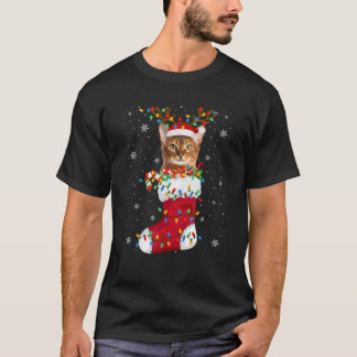 Santa Hat Abyssinian Cat Animal in Socks Julafton T Shirt