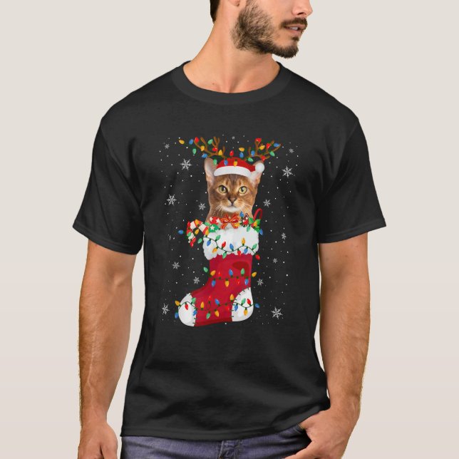 Santa Hat Abyssinian Cat Animal in Socks Julafton  T Shirt (Framsida)