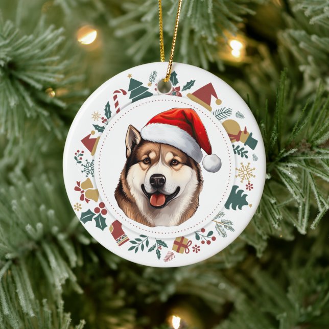 Santa Hat Akita Hund jul-Bilder-utandning Julgransprydnad Keramik (Träd)
