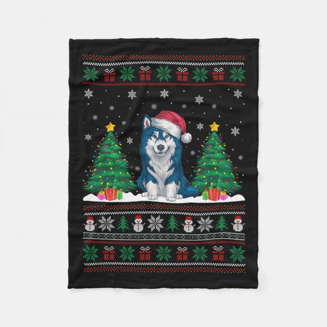 Santa Hat Alaska Klee Kai Hund Julafton Träd Ljus  Fleecefilt (Framsidan)