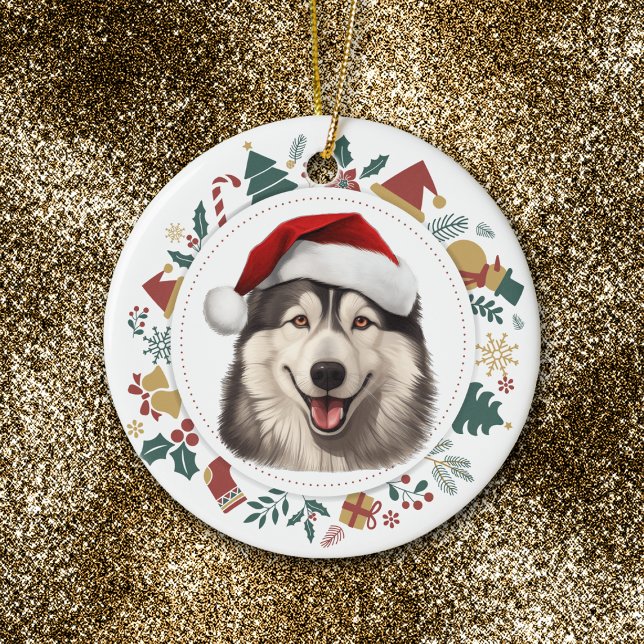 Santa Hat Alaska Malamute jul Bilder-andedräkt Julgransprydnad Keramik (Skapare uppladdad)