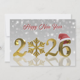 Santa Hat and Snowflake | Gold Happy New Year 2026 Julkort