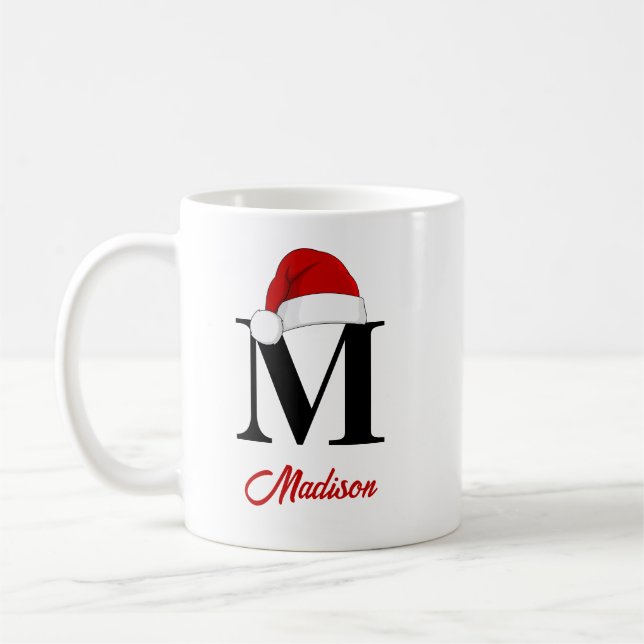 Santa Hat Anpassningsbar Monogram Red Script-jul Kaffemugg (Vänster)