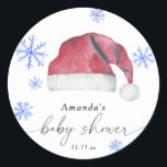 Santa Hat - babydusch Runt Klistermärke<br><div class="desc">Inbjudan dina gäster med den här vattenfärgen Santa hat och snöflingor - inbjudan till elegant för babydusch. Använda designen verktyg för att redigera texten,  ändra teckensnittet färg och stil för att skapa en unik inbjudan av typen inbjudningsdesign. Matchande objekt är tillgängliga.</div>